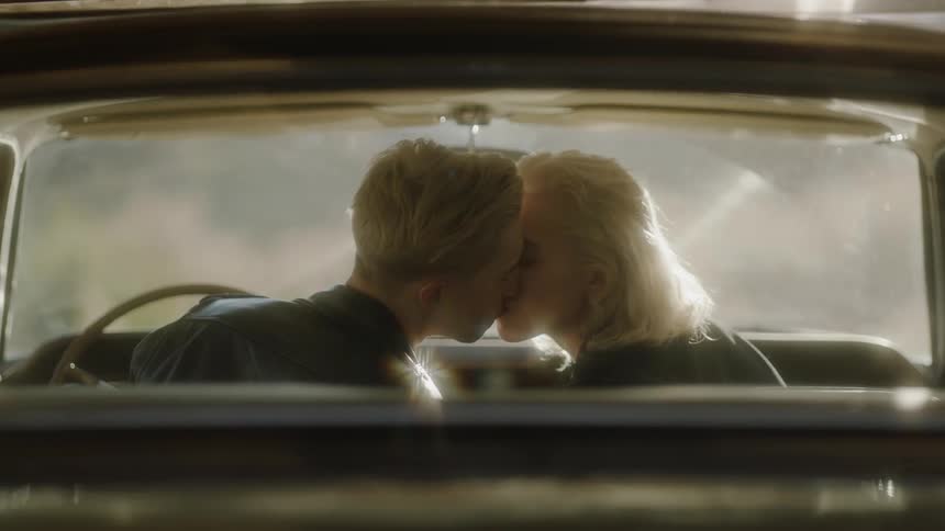 A man and woman kiss in the front seat of a car