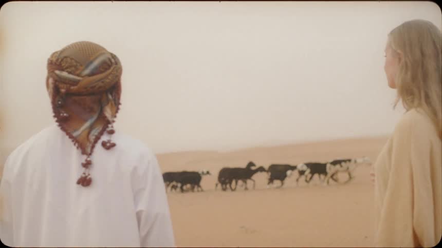 Two people watch the animals walk past in the sand