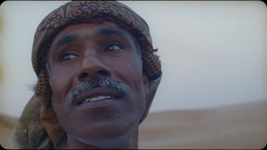 A blond haired woman stands in the desert with a man and camels