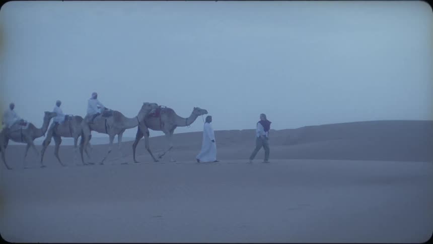 Man and woman walk in the desert along with men riding camels
