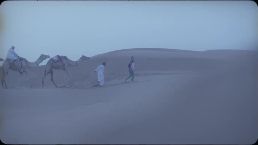 Two people walk through the desert with camels