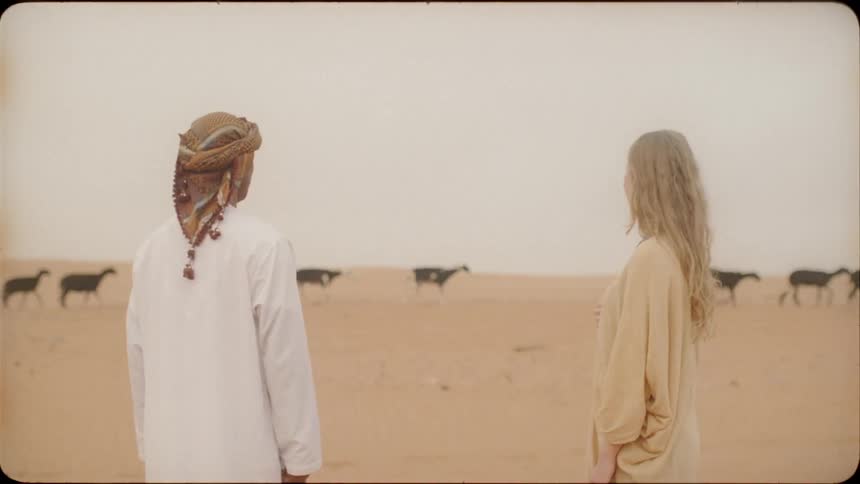 A man and woman watch a herd of goats walk through the sand