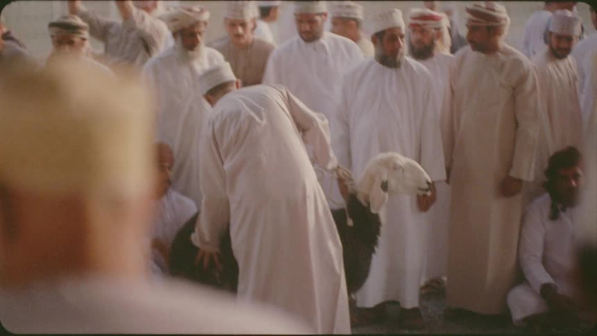 Men show livestock at an open air market