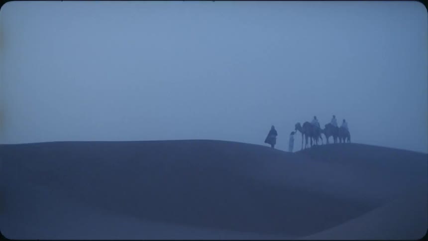 A group of people walk in the desert with camels