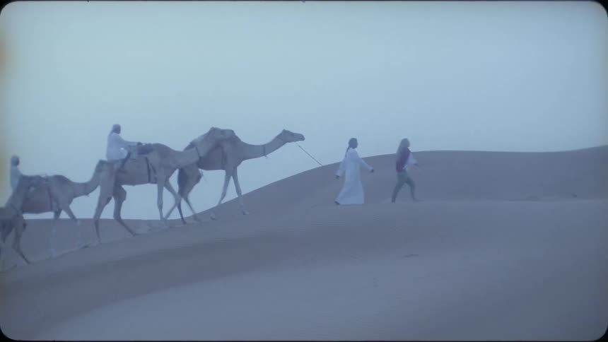 People are walking with camels over desert sand dunes