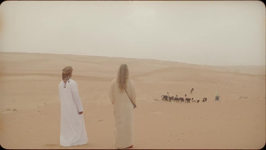 Two people watch sheep being herded in the desert