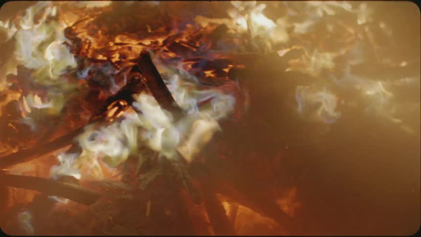 The fire is raging in the camp at night