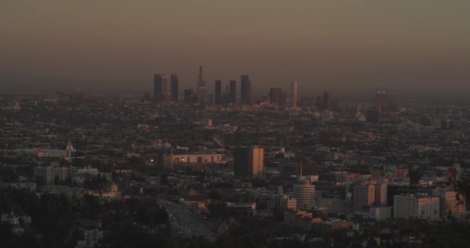 A city skyline at dusk