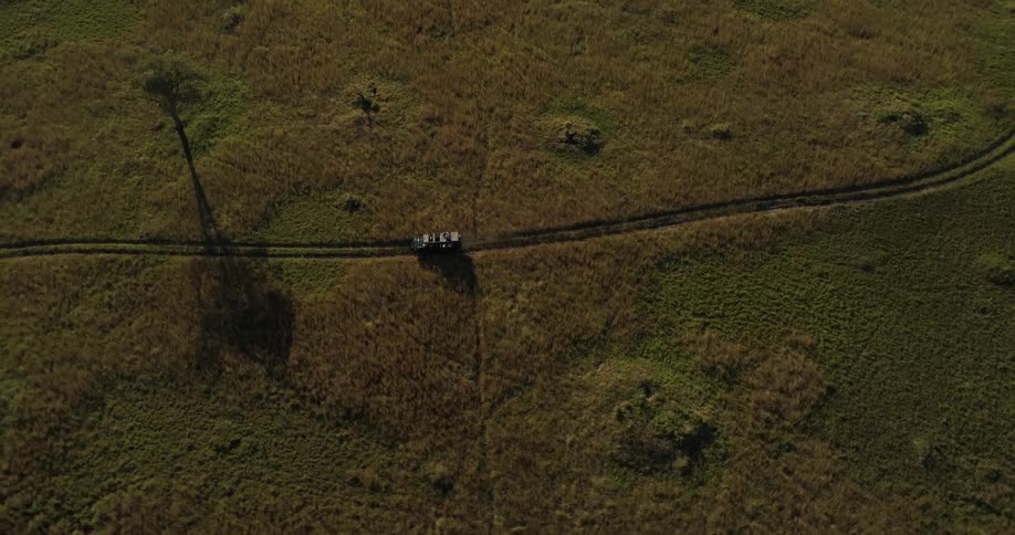 Vehicle travels down a path in a field