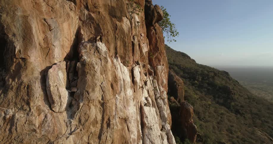 A bird lands on a cliff and another flies away