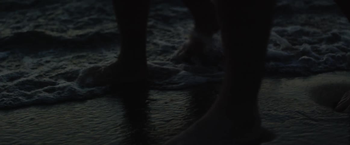 A couple are walking on the beach in the tide at dusk