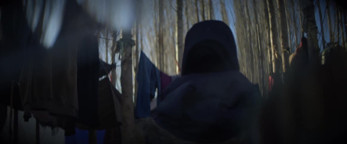 Woman walks between rows of clothing hanging on ropes attached to trees