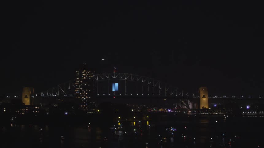A city skyline at night
