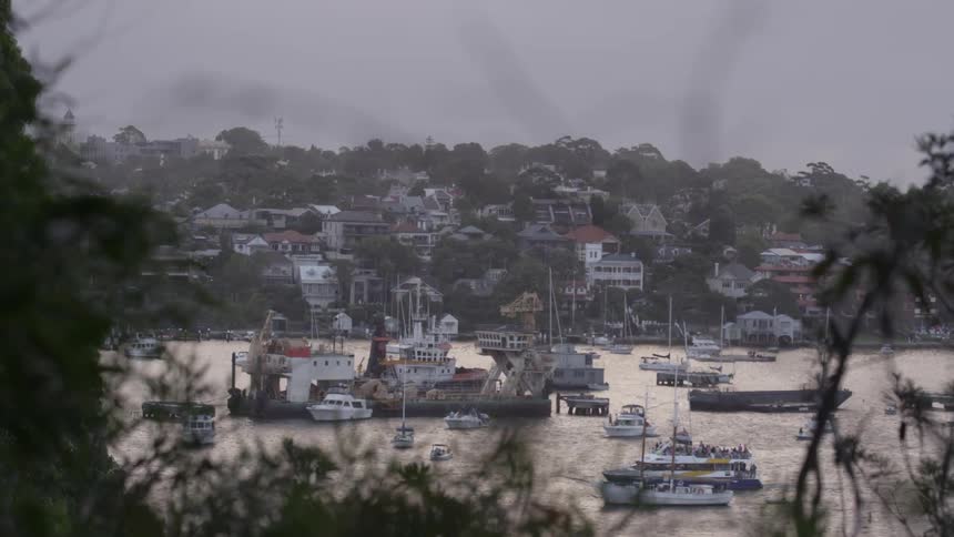 Boats and ships anchored in port while some ships move out