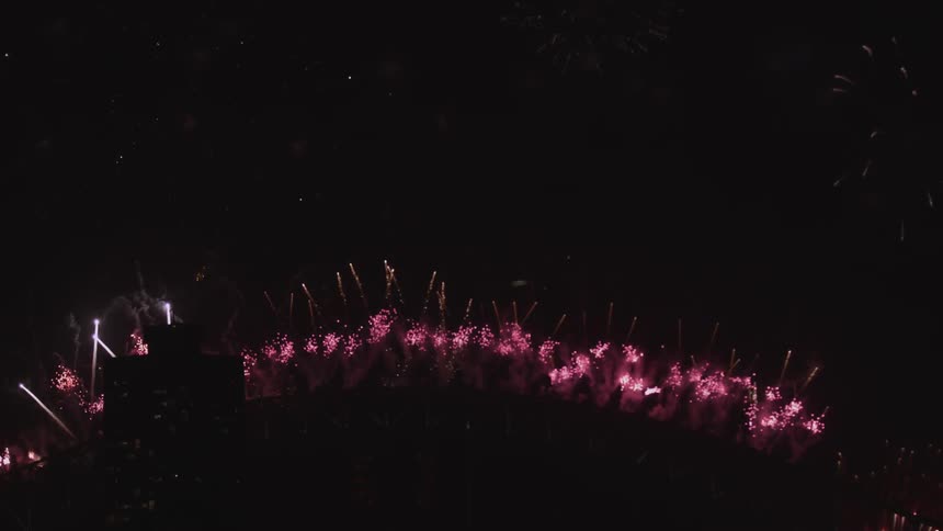 Fireworks bursting in slow motion in a dark sky