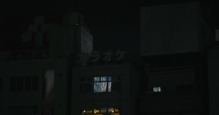 A neon sign in asian characters flashes on top of a building at night