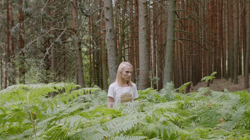 A woman stands in the woods