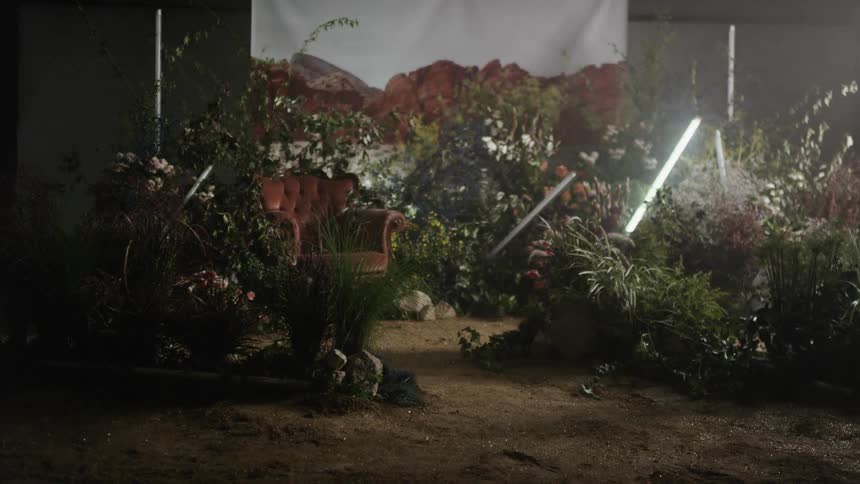Fluorescent lights are flashing as they stand arranged on a set with flowers and dirt
