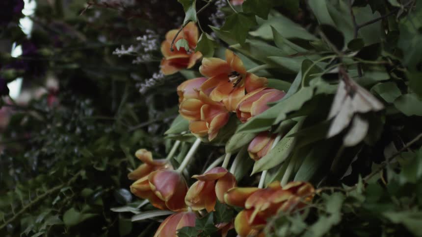 Flower blossoms are hanging from arrangements inside in daylight