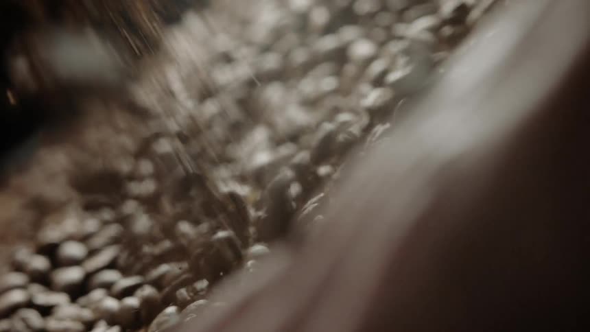 Coffee beans fall into a pile and hand touches them