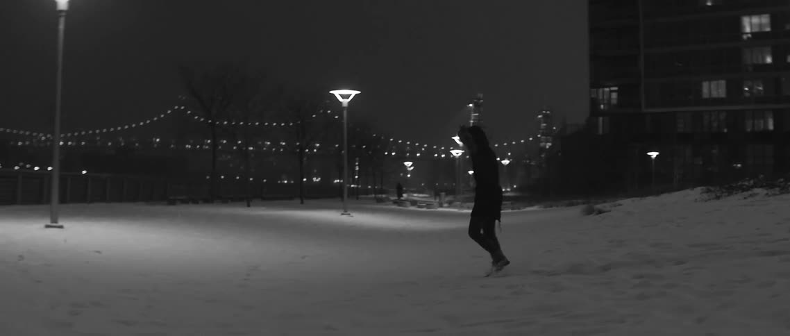 Person walking in the snow towards the water in a city