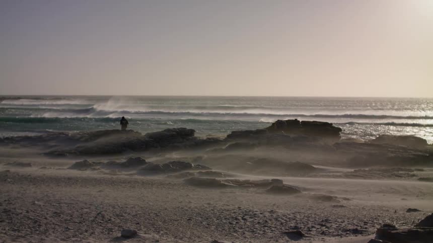 A person walks near the water on the beach