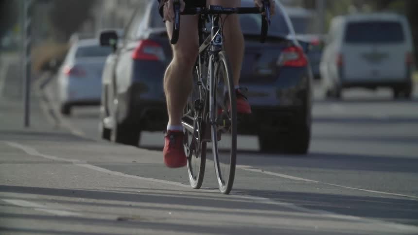 A man is riding a bicycle in a bicycle lane on a sunny day