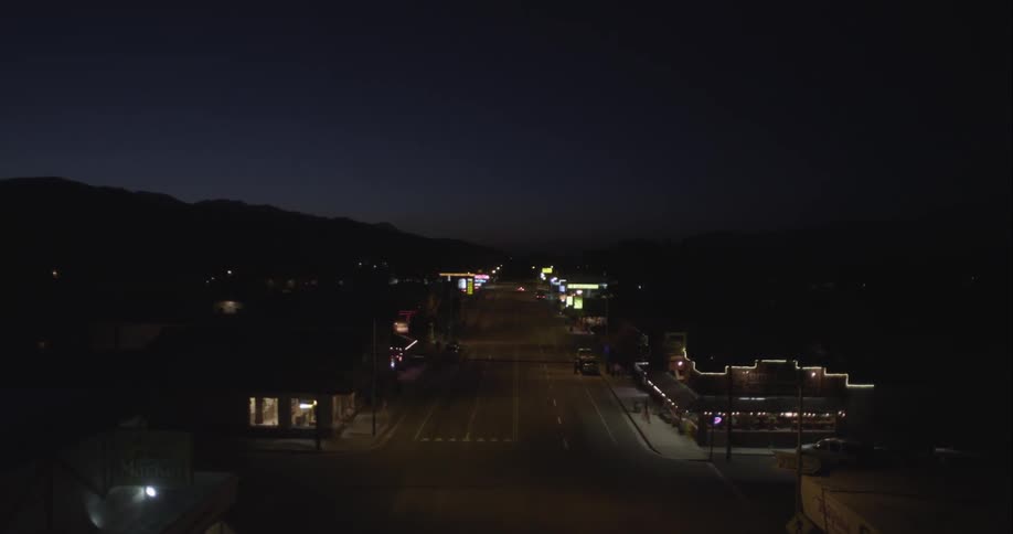 Aerial view of a town street at night