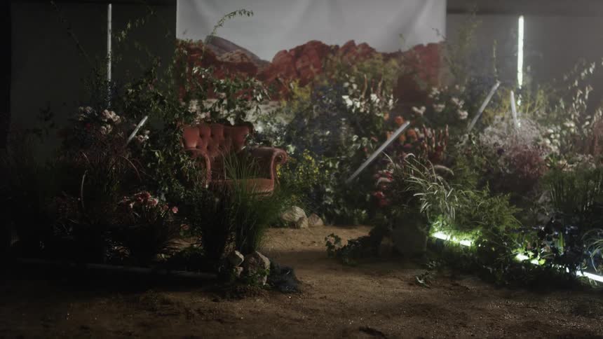 Film scene of flowers and chair with flashing lights