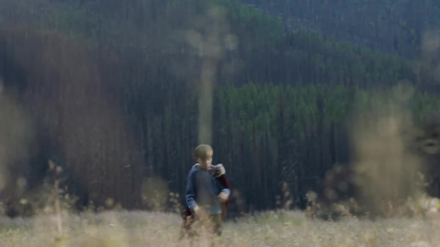 Child stands in a grassy field and throws a stick