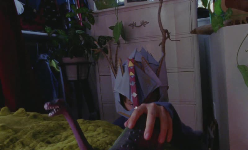 A boy in a costume plays with a toy dinosaur