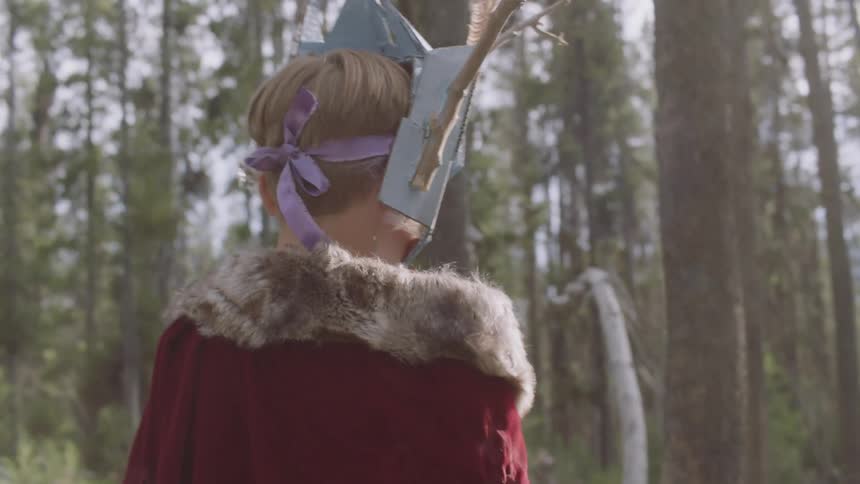 A boy wearing a mask and cloak is exploring a forest in daylight