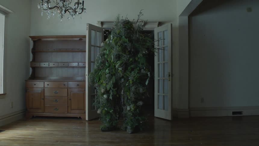A person camouflaged in plants is entering a house in daylight