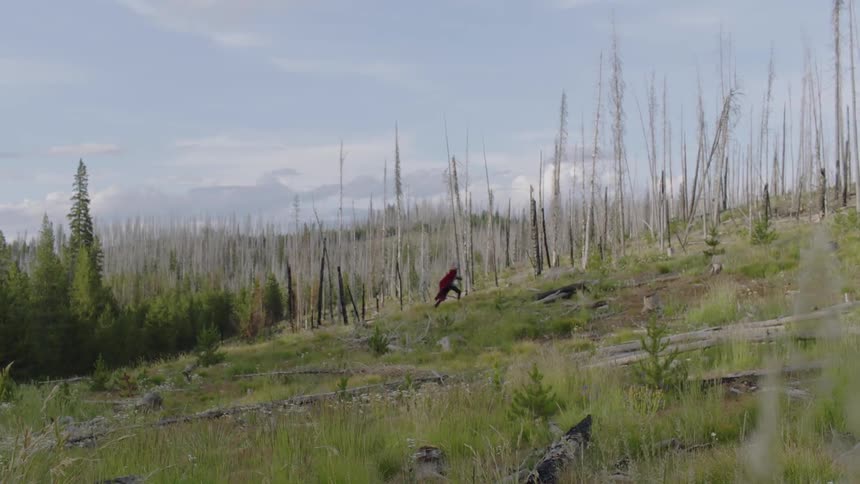 Person runs up a grassy hill