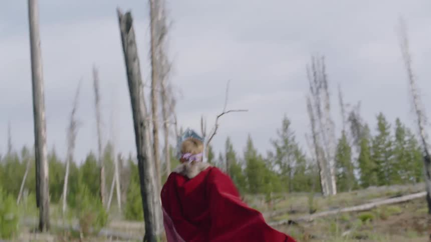 Boy in a costume runs in a forest