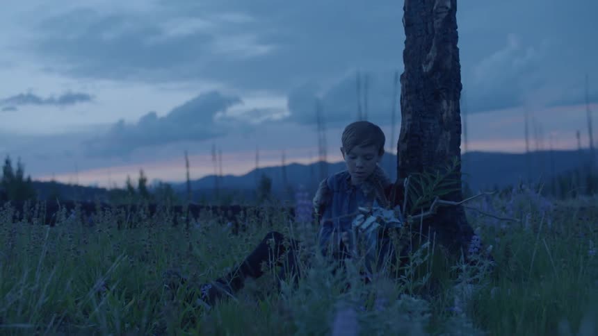 Boy in a costume sits in a rural field at sunset