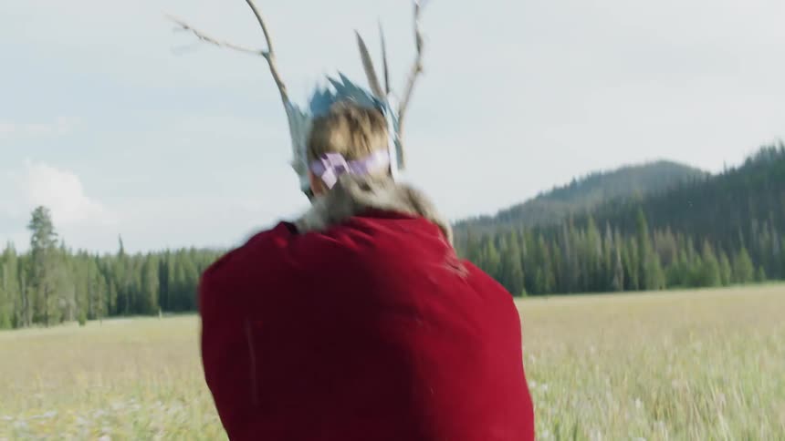 Boy in a costume walks in a rural field