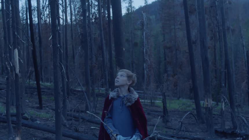 Boy in woods wearing cape and mask removes mask