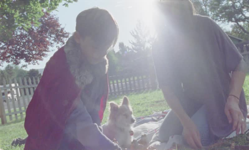 Woman and boy play in the yard as a dog sits and watches
