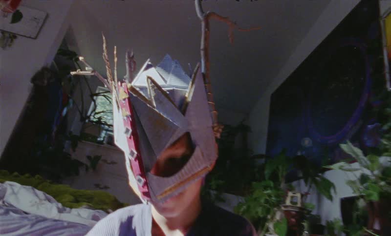 Boy in room wearing mask plays with dinosaur