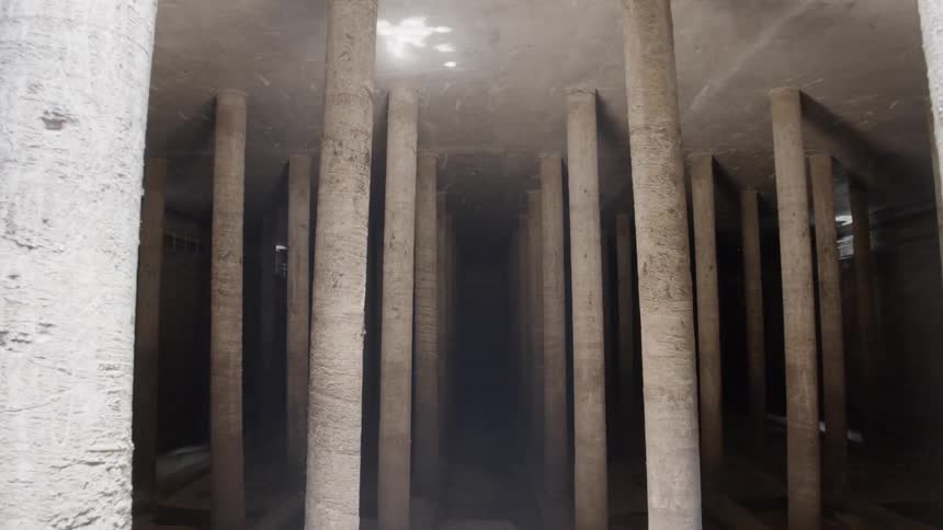 Logs serve as basement pylons to hold up a floor