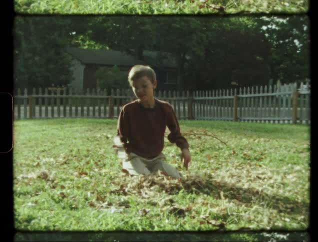 Boy plays with leaves in a front yard