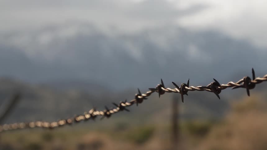 Barbed wire fencing sways in the wind with mountain and fields in the background
