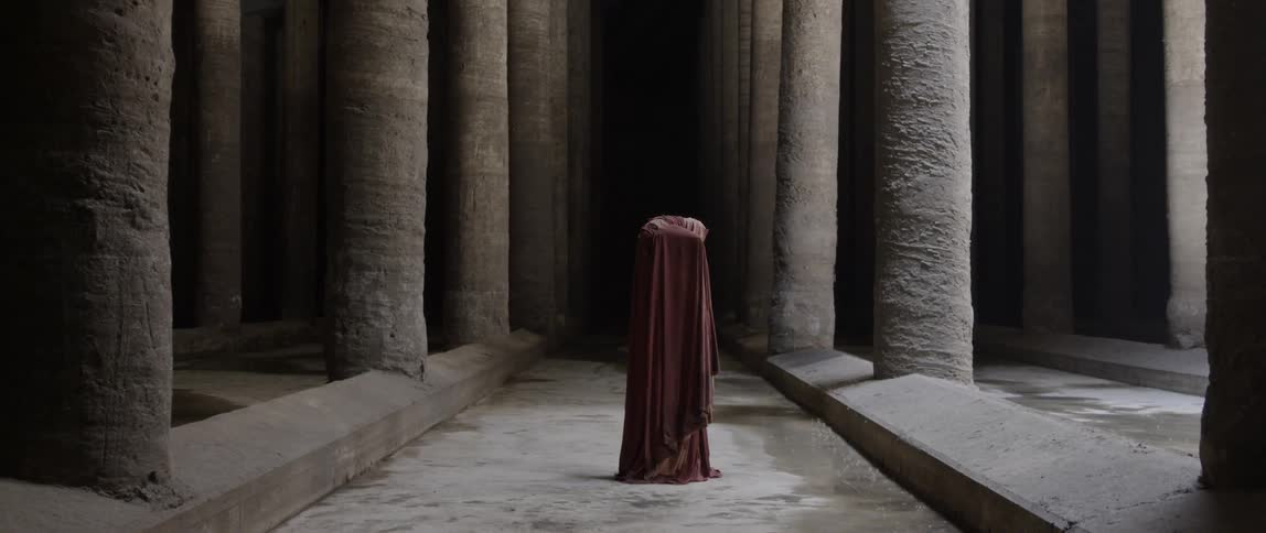 Person shrouded in a red cape stands in between many pillars