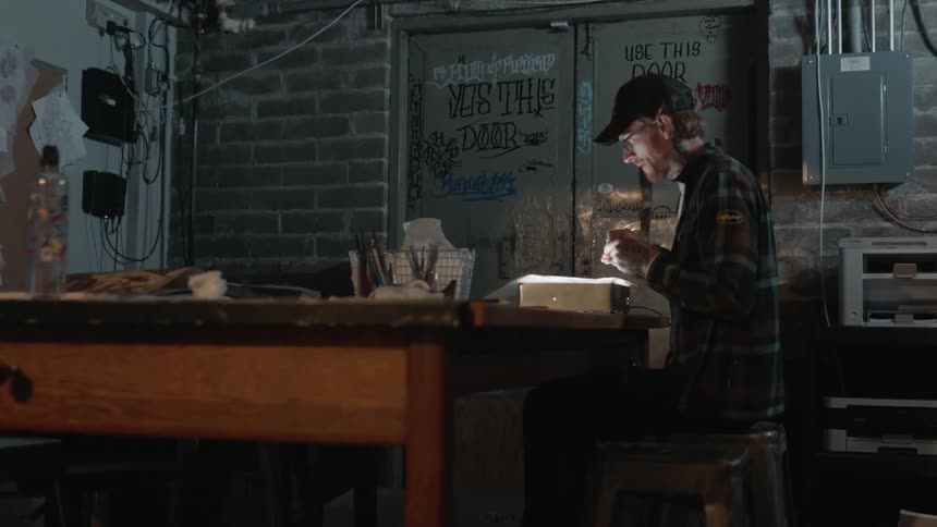 An artist sits at a work table and selects a pen