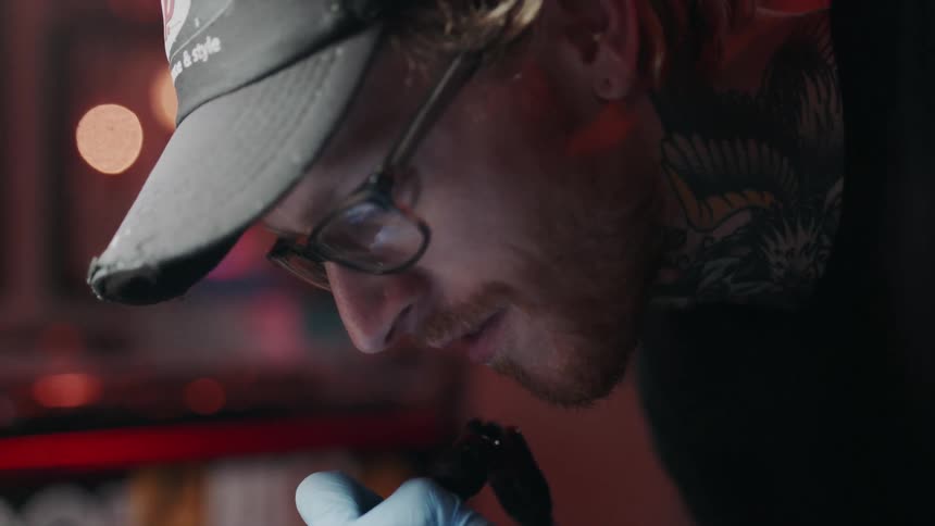 A tattoo artist works with a needle