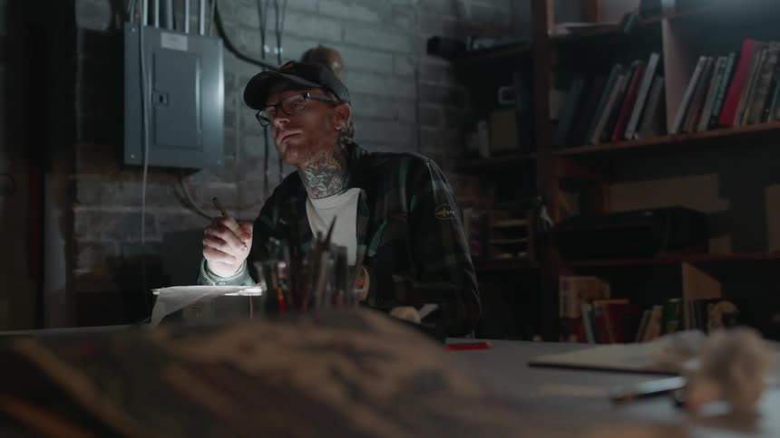 Man sits at desk writing