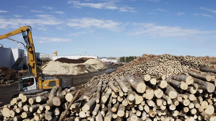 Tractor spins around near large piles of logs