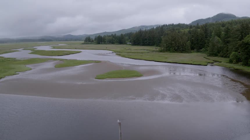 Car drives down a country road by a large pond