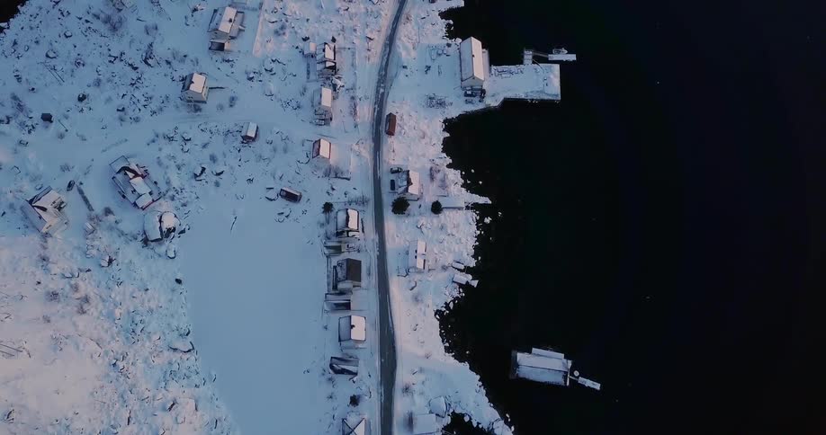 Buildings on a snow-covered island